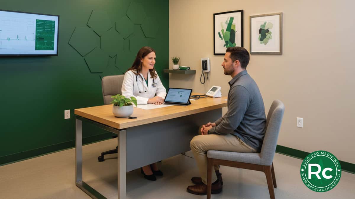 Médico en consulta empática con paciente sobre Cannabis medicinal y TEPT